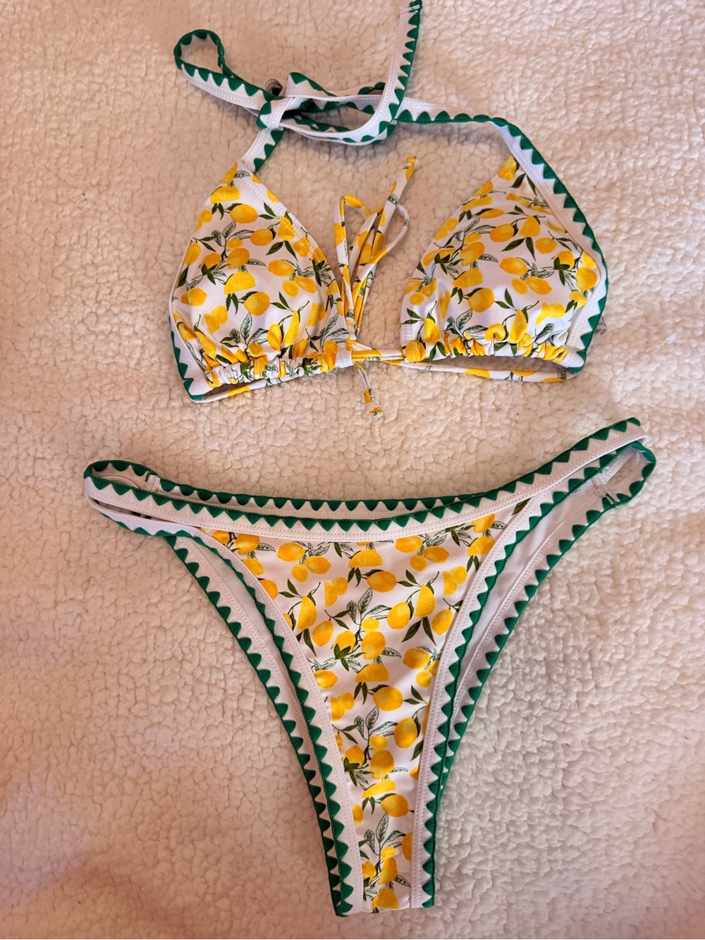 SHEIN Yellow Lemon Print Triangle Bikini with Green Trim